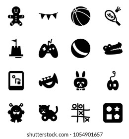 Solid vector icon set - cake man vector, flag garland, ball, badminton, sand castle, joystick, crocodile, game console, horn toy, rabbit, yoyo, monster, cat, Tic tac toe, cube hole