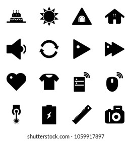 Solid vector icon set - cake vector, sun, tunnel road sign, home, low volume, refresh, play, fast forward, heart, t shirt, server wireless, mouse, laser, battery, ruler, camera