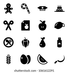 Solid vector icon set - cake man vector, lollipop, candy, santa stick, diet list, apple, lemon, fork spoon plate, sweet pepper, pear, milk, spica, eggs, watermelone, sickle