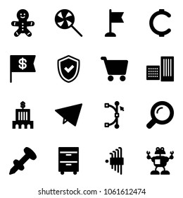 Solid vector icon set - cake man vector, lollipop, flag, cent, dollar, shield check, cart, building, bank, paper fly, bezier, magnifier, nail dowel, tool cabinet, allen key set, robot