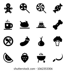 Solid vector icon set - cake man vector, lollipop, candy, tea, turkey, broken bone, fork spoon plate, eggplant, onion, broccoli, watermelone, strawberry, grill, sickle