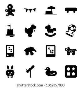 Solid vector icon set - cake man vector, flag garland, inflatable pool, skateboard, sand castle, dinosaur toy, rocking horse, teethers, game console, elephant wheel, rabbit, windmill, duck