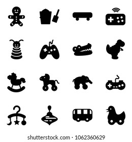 Solid vector icon set - cake man vector, bucket scoop, skateboard, joystick wireless, pyramid toy, crocodile, dinosaur, rocking horse, wheel, elephant, gamepad, baby carousel, wirligig, bus, duck