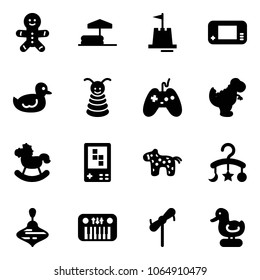 Solid vector icon set - cake man vector, inflatable pool, sand castle, game console, duck toy, pyramid, joystick, dinosaur, rocking horse, baby carousel, wirligig, piano, windmill