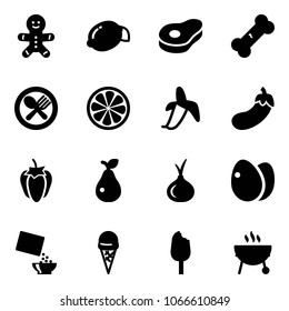 Solid vector icon set - cake man vector, lemon, meat, broken bone, fork spoon plate, slice, banana, eggplant, sweet pepper, pear, onion, eggs, cereal, ice cream, grill