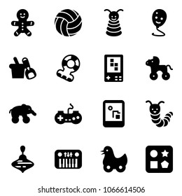 Solid vector icon set - cake man vector, volleyball, pyramid toy, balloon smile, shovel bucket, teethers, game console, wheel horse, elephant, gamepad, caterpillar, wirligig, piano, duck, cube hole