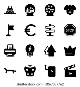 Solid vector icon set - cake vector, snowball house, dog, flag, euro, road signpost sign, stop, printer, idea, arrow up, crown, lounger, butterfly, power bank, movie flap