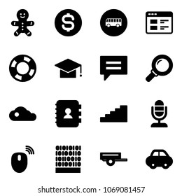 Solid vector icon set - cake man vector, dollar coin, bus road sign, website, lifebuoy, graduate hat, chat, magnifier, cloud, contact book, stairs, microphone, mouse wireless, binary code, trailer