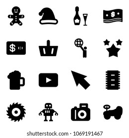 Solid vector icon set - cake man vector, christmas hat, wine, cash, credit card, basket, world, stars, beer, playback, cursor, chip, saw disk, robot, camera, baby car