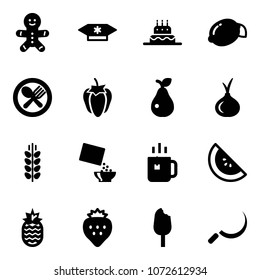 Solid vector icon set - cake man vector, candy, lemon, fork spoon plate, sweet pepper, pear, onion, spica, cereal, green tea, watermelone, pineapple, strawberry, ice cream, sickle