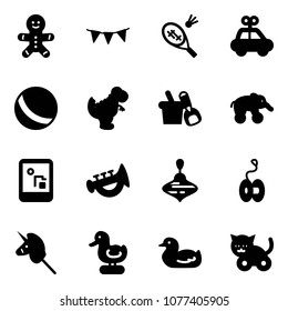 Solid vector icon set - cake man vector, flag garland, badminton, car toy, ball, dinosaur, shovel bucket, elephant wheel, game console, horn, wirligig, yoyo, unicorn stick, duck, cat