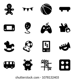 Solid vector icon set - cake man vector, flag garland, ball, skateboard, game console, balloon smile, joystick, shovel bucket, rocking horse, teethers, horn toy, bus, monster, Tic tac toe, cube hole