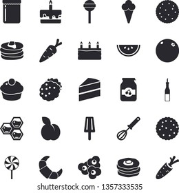 Solid vector icon set - cake flat vector, whisk, sauce, biscuit, pancakes, croissant, watermelon, cupcake, lollipop, popcorn, ice cream, jam, blackberry, plum, honeycomb, orange, carrot