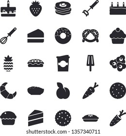 Solid vector icon set - cake flat vector, whisk, biscuit, bagel, croissant, cupcake, piece of, donut, porridge, pie, popcorn, ice cream, coffe, Strawberry, pineapple, plum, pancakes, carrot