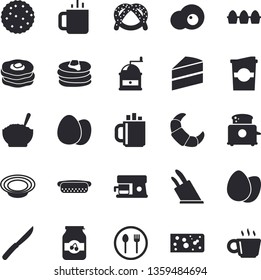 Solid vector icon set - cake flat vector, knives, coffee grinder, toaster, machine, egg, table setting, pancakes, bagel, croissant, cheese, hot dog, dish, porridge, coffe, tea, scrambled eggs, jam