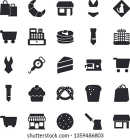 Solid vector icon set - cake flat vector, spring balance, turk, coffee machine, biscuit, pancakes, bagel, croissant, bread, store front, grocery trolley, bags, cash, tie, swimsuit, hotel fector