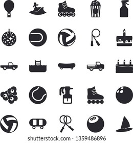 Solid vector icon set - cake flat vector, popcorn, pickup truck, pulverizer, bowling ball, skateboard, volleyball, skipping rope, tennis, roller Skates, balloon fector, disco, surfing, pool