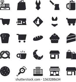 Solid vector icon set - cake flat vector, spring balance, turk, coffee machine, biscuit, bagel, croissant, bread, store front, grocery trolley, bags, cash, swimsuit, hotel fector, pets allowed, shop