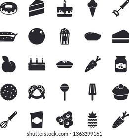 Solid vector icon set - cake flat vector, whisk, bagel, cupcake, piece of, donut, porridge, pie, lollipop, popcorn, ice cream, coffe, jam, pineapple, plum, orange, biscuit, carrot