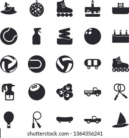 Solid vector icon set - cake flat vector, popcorn, pickup truck, pulverizer, bowling ball, skateboard, volleyball, skipping rope, tennis, roller Skates, balloon fector, disco, surfing, aquapark