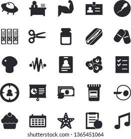 Solid vector icon set - cake flat vector, hot dog, mushroom, popcorn, target audience, cash, calendar, pills, vial, medical analysis, sperm, artificial insemination, chart, office worker, to do list