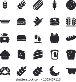 Solid vector icon set - cake flat vector, rolling pin, toaster, flour, groats, ear, biscuit, pancakes, bagel, croissant, bread, hamburger, hot dog, sandwich, spike, grocery trolley fector