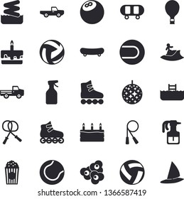 Solid vector icon set - cake flat vector, popcorn, pickup truck, pulverizer, bowling ball, skateboard, volleyball, skipping rope, tennis, roller Skates, balloon, disco, surfing, aqua park