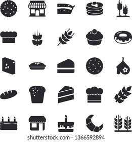 Solid vector icon set - cake flat vector, cook hat, potholder, ear, biscuit, pancakes, croissant, bread, cupcake, piece of, donut, pie, store front