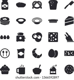 Solid vector icon set - cake flat vector, knives, coffee grinder, toaster, egg, table setting, bagel, croissant, cheese, bread, hot dog, dish, porridge, coffe, tea, scrambled eggs, jam, pancakes