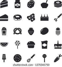 Solid vector icon set - cake flat vector, whisk, lemon, bagel, watermelon, cupcake, piece of, donut, porridge, lollipop, popcorn, ice cream, coffe, jam, Strawberry, blackberry, pineapple, pancakes