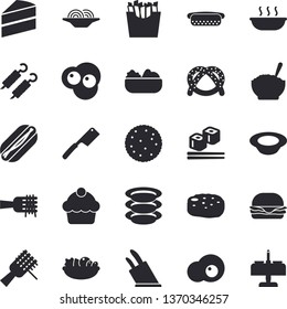 Solid vector icon set - cake flat vector, knives, plates, biscuit, bagel, spaghetti on a fork, hamburger, hot dog, dish, salad, soup, porridge, shashlik, cutlet, French fries, fish rolls