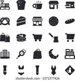 Solid vector icon set - cake flat vector, spring balance, turk, coffee machine, biscuit, pancakes, bagel, croissant, bread, store front, grocery trolley, bags, cash, tie, swimsuit, hotel fector