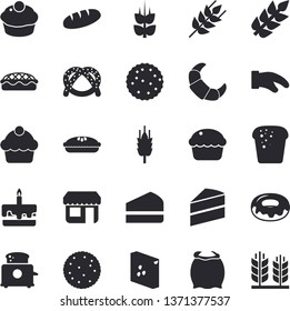 Solid vector icon set - cake flat vector, potholder, toaster, flour, groats, ear, biscuit, bagel, croissant, bread, cupcake, piece of, donut, pie, store front