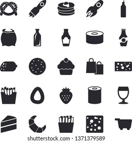 Solid vector icon set - cake flat vector, flour, ketchup, biscuit, pancakes, bagel, croissant, sausage, cheese, canned food, French fries, wine, Strawberry, mustard, glass bottles, rocket, bags