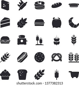 Solid vector icon set - cake flat vector, rolling pin, toaster, flour, groats, ear, biscuit, pancakes, bagel, croissant, bread, hamburger, hot dog, spike, grocery trolley fector