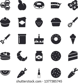Solid vector icon set - cake flat vector, whisk, sauce, biscuit, pancakes, croissant, watermelon, cupcake, piece of, donut, popcorn, ice cream, coffe, jam, Strawberry, plum, honeycomb, carrot