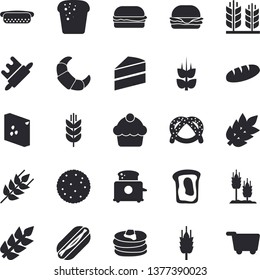Solid vector icon set - cake flat vector, rolling pin, toaster, groats, ear, biscuit, pancakes, bagel, croissant, bread, hamburger, hot dog, sandwich, spike, grocery trolley fector