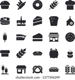 Solid vector icon set - cake flat vector, cook hat, potholder, rolling pin, flour, ear, pancakes, bagel, bread, cupcake, piece of, donut, pie, biscuit, store front