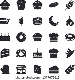 Solid vector icon set - cake flat vector, cook hat, potholder, rolling pin, groats, ear, pancakes, bagel, croissant, bread, cupcake, piece of, donut, store front