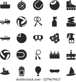 Solid vector icon set - cake flat vector, popcorn, pickup truck, pulverizer, bowling ball, skateboard, volleyball, skipping rope, tennis, roller Skates, balloon fector, disco, surfing, aquapark