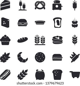 Solid vector icon set - cake flat vector, rolling pin, toaster, flour, groats, biscuit, pancakes, bagel, croissant, bread, hamburger, hot dog, sandwich, ear, spike, grocery trolley fector