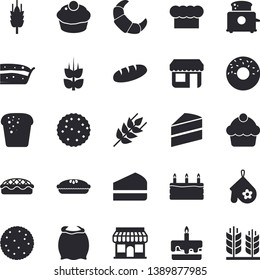Solid vector icon set - cake flat vector, cook hat, potholder, toaster, flour, ear, biscuit, croissant, bread, cupcake, piece of, donut, pie, store front