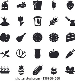 Solid vector icon set - cake flat vector, coffee grinder, turk, jugful, ham, ear, biscuit, egg, beans, tomato, cucumber, Strawberry, pineapple, sandwich, carrot, flower, seedlings, bucketful, tulip