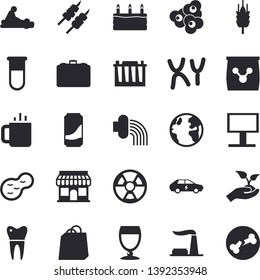 Solid vector icon set - cake flat vector, shashlik, popcorn, lemonade, wine, tea, ear, seedlings, hose irrigation, pond, fertilizer vectory, earth, factory, accumulator, radiation, electric cars