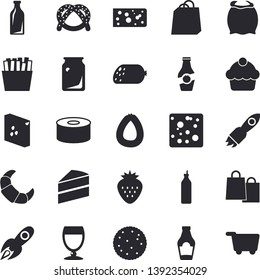 Solid vector icon set - cake flat vector, flour, groats, ketchup, biscuit, bagel, croissant, sausage, cheese, canned food, French fries, wine, Strawberry, mustard, glass bottles, rocket, bags