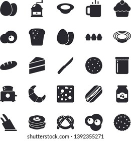 Solid vector icon set - cake flat vector, knives, coffee grinder, toaster, egg, biscuit, bagel, croissant, cheese, bread, hot dog, dish, tea, scrambled eggs, jam, pancakes