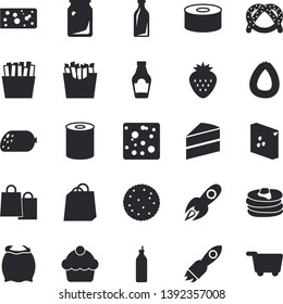 Solid vector icon set - cake flat vector, flour, groats, ketchup, biscuit, pancakes, bagel, sausage, cheese, canned food, French fries, Strawberry, mustard, glass bottles, rocket, bags