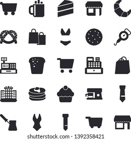 Solid vector icon set - cake flat vector, spring balance, turk, coffee machine, biscuit, pancakes, bagel, croissant, bread, store front, grocery trolley, bags, cash, tie, swimsuit, hotel fector