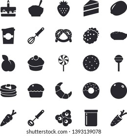 Solid vector icon set - cake flat vector, whisk, lemon, biscuit, pancakes, bagel, croissant, cupcake, donut, porridge, lollipop, popcorn, coffe, jam, Strawberry, blackberry, plum, orange, carrot