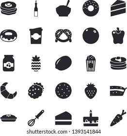 Solid vector icon set - cake flat vector, whisk, sauce, lemon, biscuit, pancakes, bagel, croissant, piece of, donut, porridge, pie, bell pepper, popcorn, coffe, jam, Strawberry, blackberry, orange